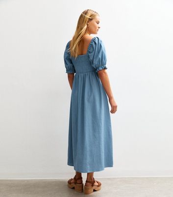 Blue Puff Sleeve Midi Dress