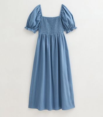 Blue Puff Sleeve Midi Dress