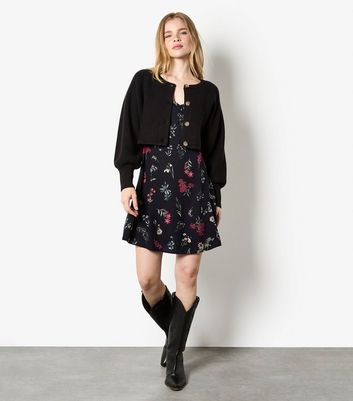 Apricot Black Floral Print Mini Tea Dress