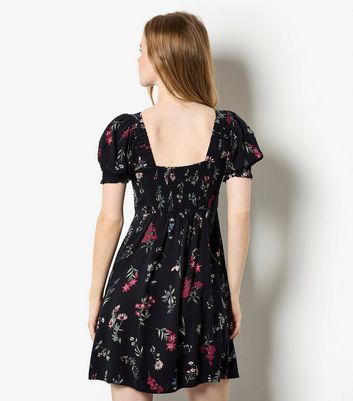 Apricot Black Floral Print Mini Tea Dress