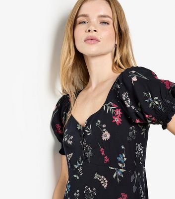 Apricot Black Floral Print Mini Tea Dress