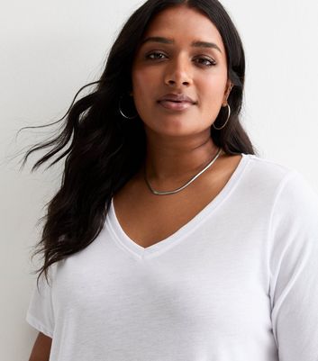 Curves White V Neck Jersey T Shirt