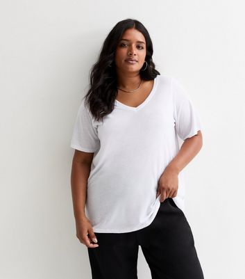 Curves White V Neck Jersey T Shirt