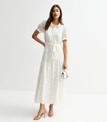 White Devore Belted Midi Shirt Dress