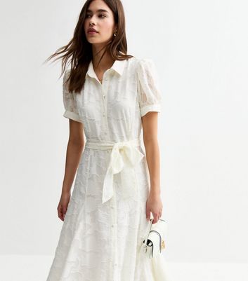 White Devore Belted Midi Shirt Dress