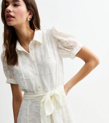 White Devore Belted Midi Shirt Dress