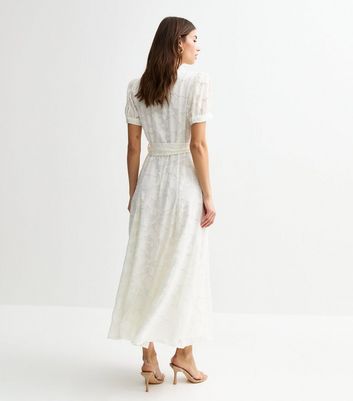 White Devore Belted Midi Shirt Dress
