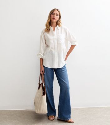 White Cotton Stripe Print Long Sleeve Shirt