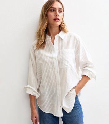 White Cotton Stripe Print Long Sleeve Shirt