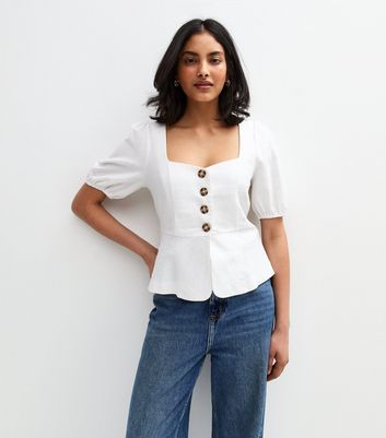 White Linen Blend Button Up Peplum Top