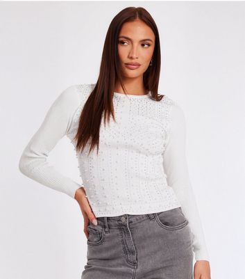 QUIZ White Ribbed Embellished Long Sleeve Top