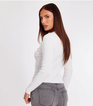 QUIZ White Ribbed Embellished Long Sleeve Top