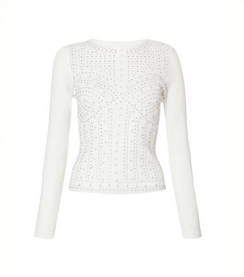 QUIZ White Ribbed Embellished Long Sleeve Top