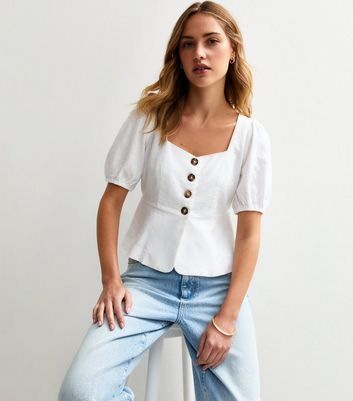 White Linen Blend Button Up Peplum Top