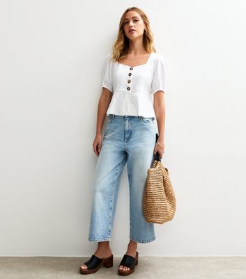 White Linen Blend Button Up Peplum Top