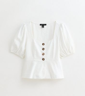White Linen Blend Button Up Peplum Top