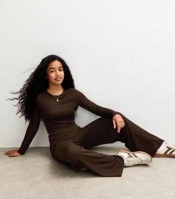 Girls Brown Soft Touch Wide Leg Trousers