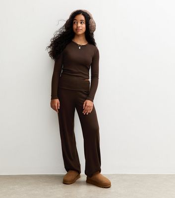 Girls Brown Soft Touch Wide Leg Trousers