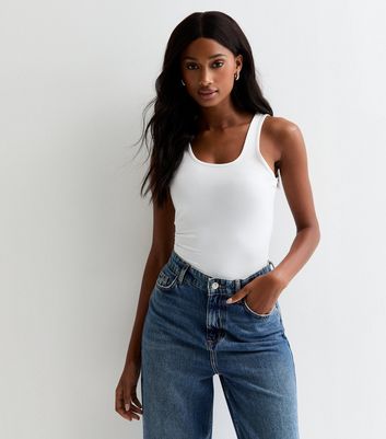 White Slinky Scoop-Neck Stretch Bodysuit