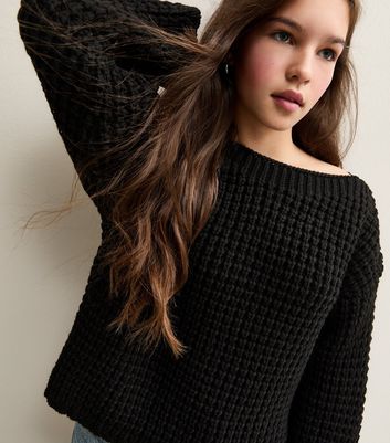 Girls Black Moss Stitch Slash Neck Jumper