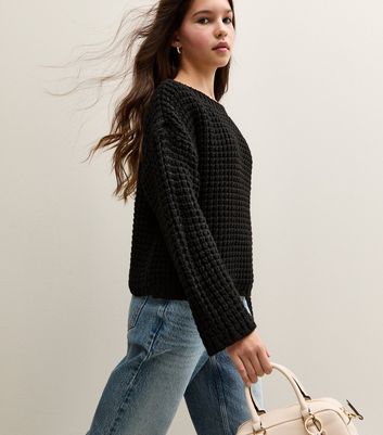 Girls Black Moss Stitch Slash Neck Jumper