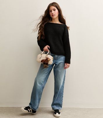 Girls Black Moss Stitch Slash Neck Jumper