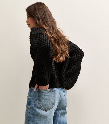 Girls Black Moss Stitch Slash Neck Jumper