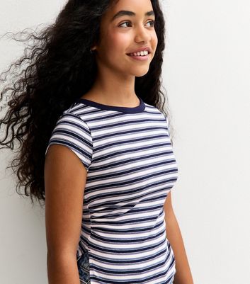 Girls Blue Striped Slit Hem T-Shirt