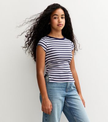 Girls Blue Striped Slit Hem T-Shirt