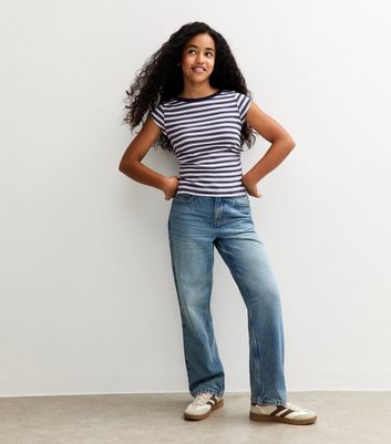 Girls Blue Striped Slit Hem T-Shirt