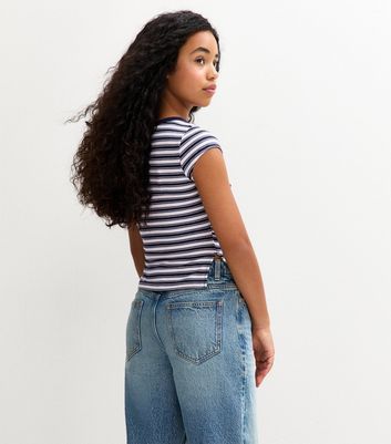 Girls Blue Striped Slit Hem T-Shirt