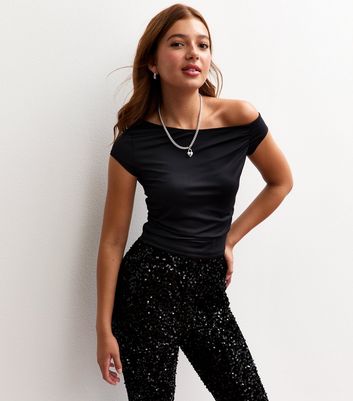 Girls Black Slinky One Shoulder Top