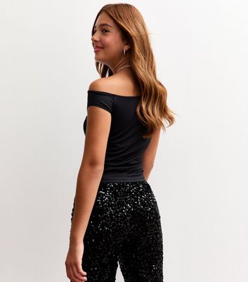 Girls Black Slinky One Shoulder Top