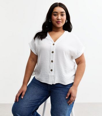 Curves White V Neck Button Through Top