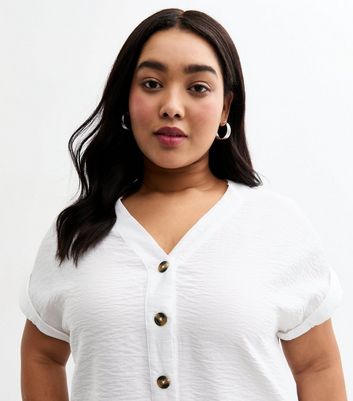 Curves White V Neck Button Through Top