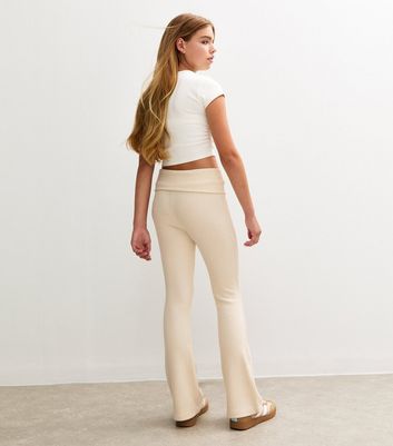Girls Cream Ribbed Soft Touch Flared Trousers 4 Girls Cream Ribbed Soft Touch Flared Trousers