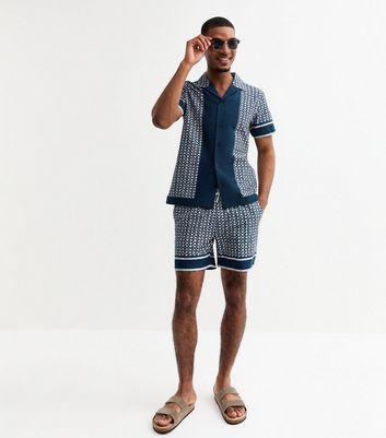 Blue Cotton Tile Print Pull On Shorts