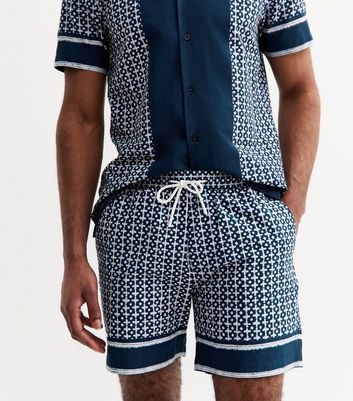 Blue Cotton Tile Print Pull On Shorts