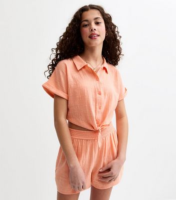 Girls Coral Tie Front Gauze Shirt