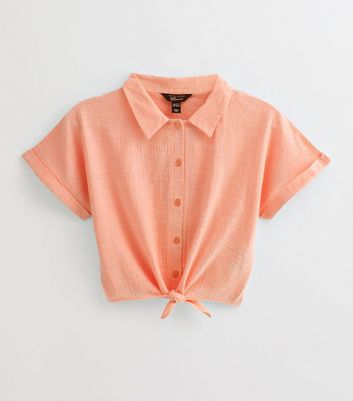 Girls Coral Tie Front Gauze Shirt 4 Girls Coral Tie Front Gauze Shirt