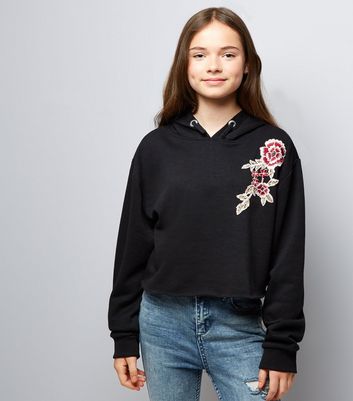 Girls Black Floral Raw Hem Crop Hoodie
