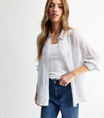 White Crinkle Textured Lightweight Stripe Print Shirt