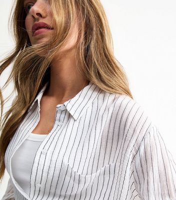 White Crinkle Textured Lightweight Stripe Print Shirt