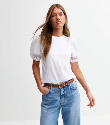 White Crochet Trim Puff Sleeve tee