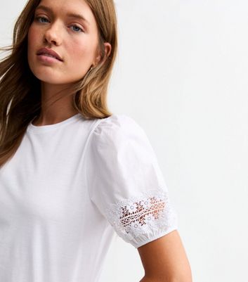 White Crochet Trim Puff Sleeve tee