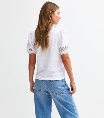 White Crochet Trim Puff Sleeve tee