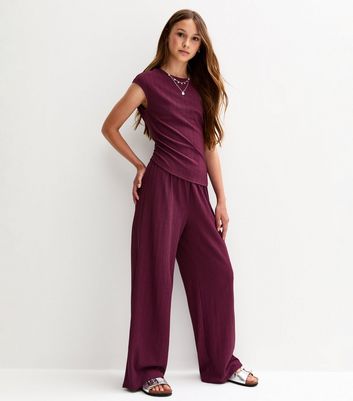 Girls Dark Burgundy Textured Jersey Wide Leg Trousers