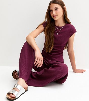 Girls Dark Burgundy Textured Jersey Wide Leg Trousers