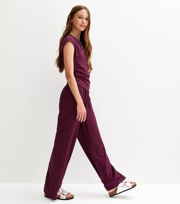 Girls Dark Burgundy Textured Jersey Wide Leg Trousers 3 Girls Dark Burgundy Textured Jersey Wide Leg Trousers