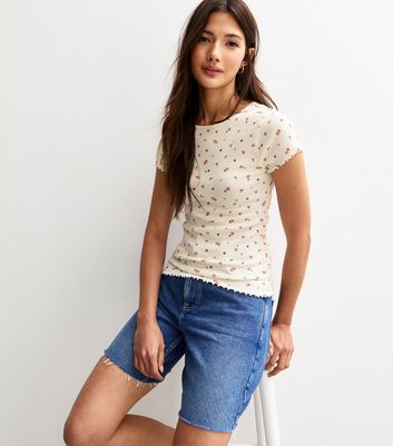 Off White Ditsy Print Ribbed Lettuce Hem T-Shirt